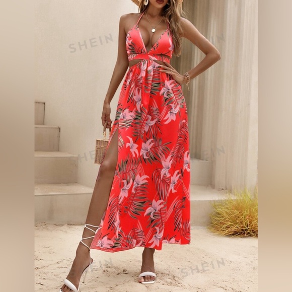 Watermelon Pink Sexy Tropical Backless Halter Maxi Dress Thigh Slit Small - Picture 6 of 7